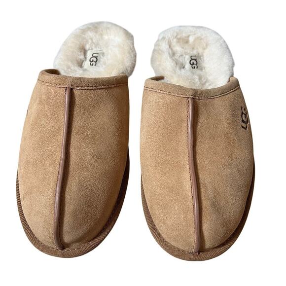 UGG Men's Scuff Suede Chestnut Slippers 1101111 Brown Faux Fur Lined Soft Winter - Picture 2 of 5